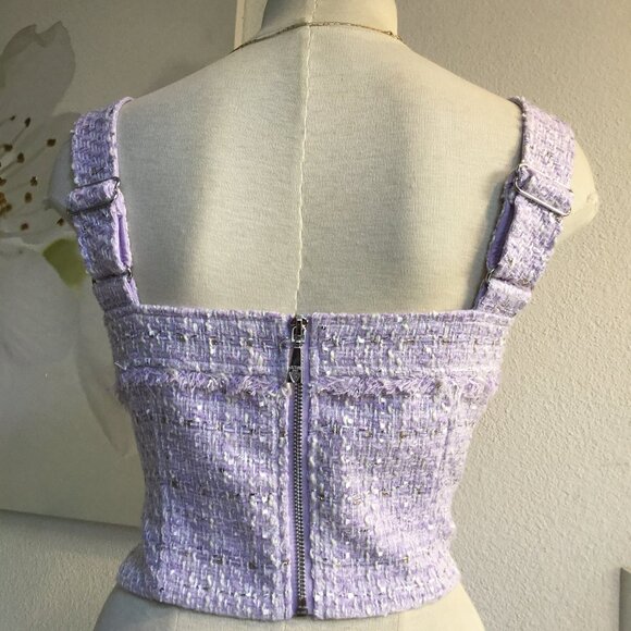 GUESS Metallic Tweed Corset Crop Top Adjustable Straps Zip Back Lined Lila S - Picture 5 of 8